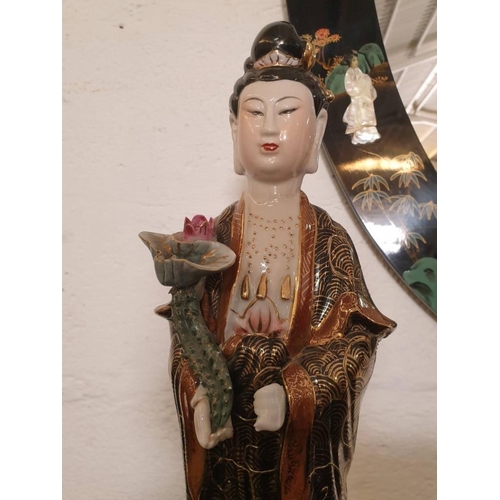 147 - Porcelain Oriental Figure with Cactus and Floral Base, Chinese Stamps Under, Approx H:53cm) (A/F Han... 