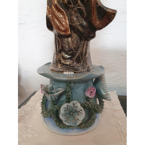 147 - Porcelain Oriental Figure with Cactus and Floral Base, Chinese Stamps Under, Approx H:53cm) (A/F Han... 
