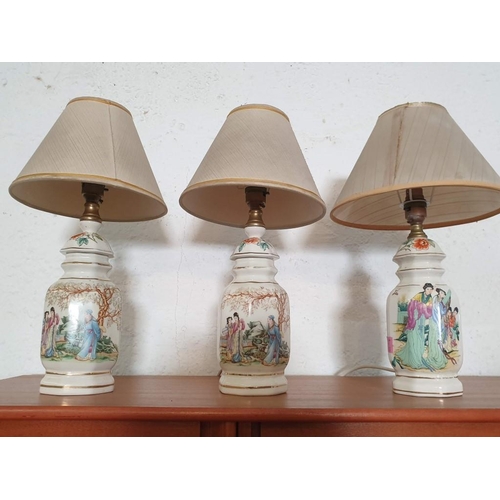 148 - 3 x Porcelain Table Lamps with Chinese Decoration (Two with Stamps Under) and Shades (Shades A/F) (3... 