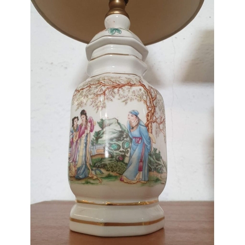 148 - 3 x Porcelain Table Lamps with Chinese Decoration (Two with Stamps Under) and Shades (Shades A/F) (3... 