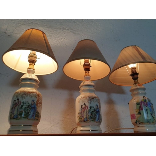148 - 3 x Porcelain Table Lamps with Chinese Decoration (Two with Stamps Under) and Shades (Shades A/F) (3... 