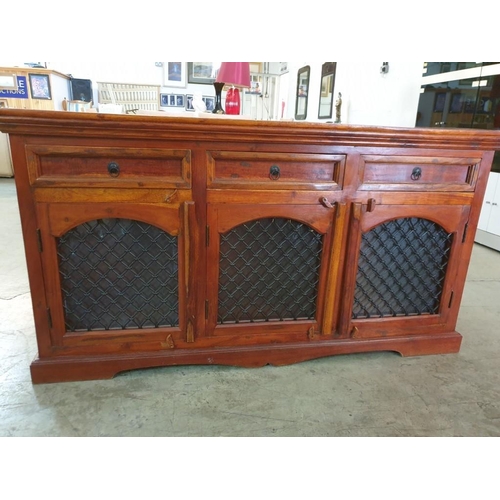 150 - Solid Wood Mexican Pine Style Sideboard / Buffet with 3 - Drawer Over 3 - Cupboards with Metal Latti... 