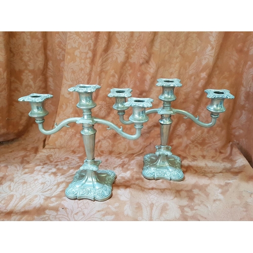 199 - Pair of White Metal 3 - Arms Vintage Candle Sticks (H:25cm each)  and 1 x 5 - Arms Candle Stick (H:3... 