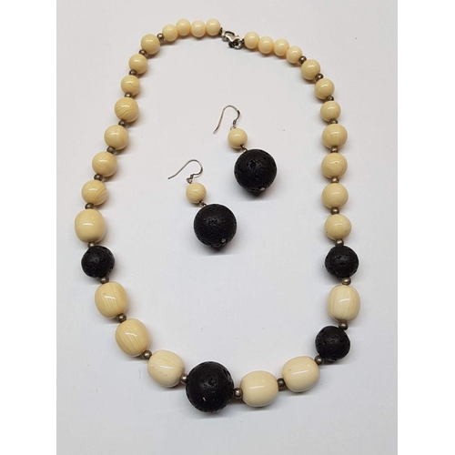 212 - Natural Stone Necklace (Bone and Natural Black Stone) with Silver (.925) Clasp and Extra Pair of Mat... 