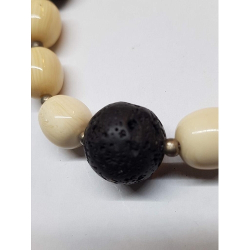 212 - Natural Stone Necklace (Bone and Natural Black Stone) with Silver (.925) Clasp and Extra Pair of Mat... 