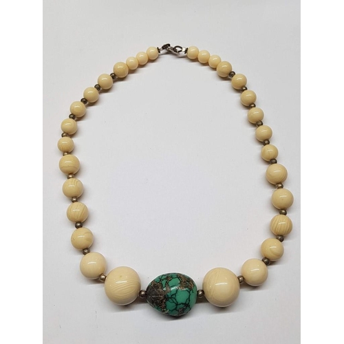 213 - Natural Stone Necklace with Silver (.925) Clasp (Bone and Turquoise Colour Stone)