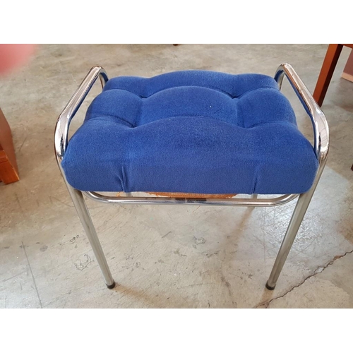 219 - 70's Chrome / Blue Fabric Stool (A/F) (37cm x 47cm x 54cm)