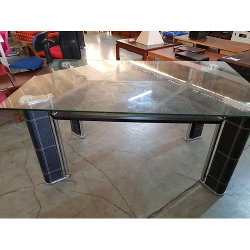 220 - Large Modern Dinning Table with Chrome / Black / Leather / Wood Glass Top (90cm x 150cm x 74cm)