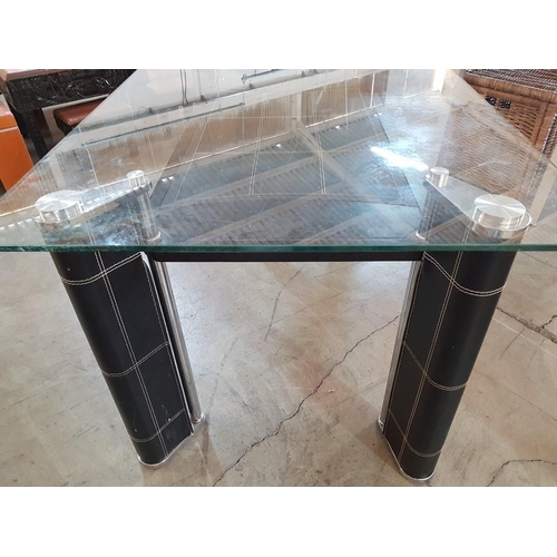 220 - Large Modern Dinning Table with Chrome / Black / Leather / Wood Glass Top (90cm x 150cm x 74cm)