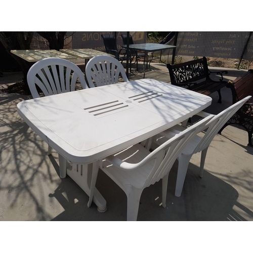 238 - White Large Plastic Rectangular Garden Table (86.5cm x 159.5cm x 72cm) and Set of 4 x Garden Armchai... 