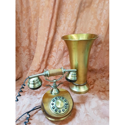 399 - Vintage Style Wood / Brass Telephone and Brass Vase (H:32cm) (Un-Tested)