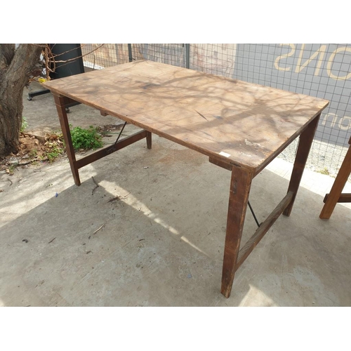 465 - Vintage Solid Wood Trestle Table with Folding Wooden Legs and Metal Supports (137cm x 83cm x 77cm) w... 