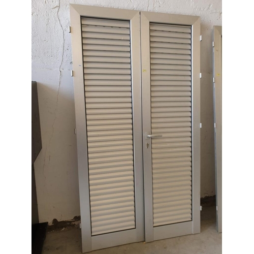 474 - Pair of Silver Colour Aluminium Louvred Doors with Frames (Double Opening Approx 120cm x 216cm Overa... 