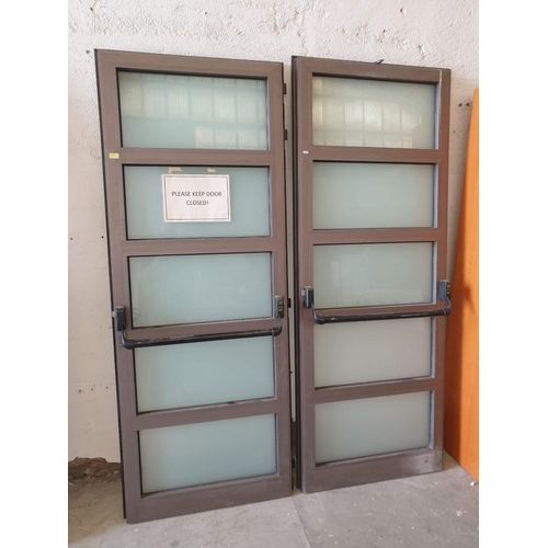 476 - 2 x Brown Colour Aluminium Doors with 5 - Part Glass and Push Bar Handles (Approx 79cm x 209cm & 82c... 