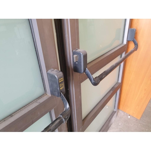 476 - 2 x Brown Colour Aluminium Doors with 5 - Part Glass and Push Bar Handles (Approx 79cm x 209cm & 82c... 