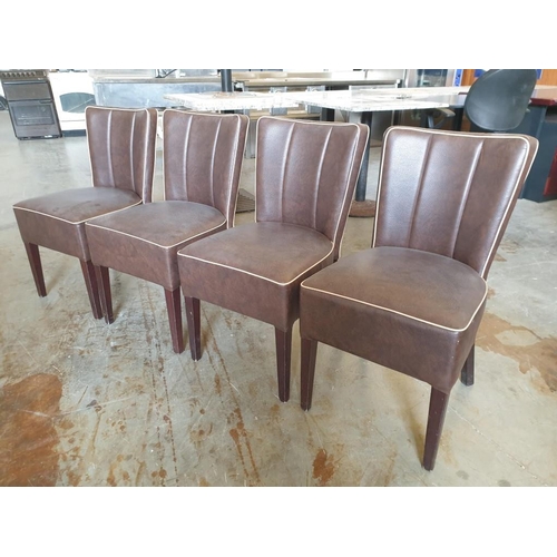 477 - Set of 4 x Brown Leatherette Padded Dinning Chairs with Cream Piping and Dark Wood Colour Legs (4)