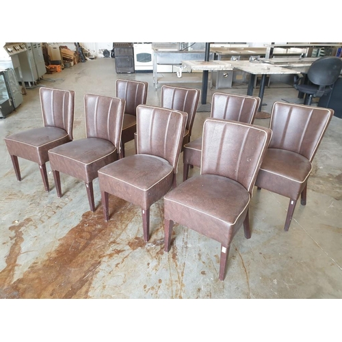 481 - Set of 8 x Brown Leatherette Padded Dinning Chairs with Cream Piping and Dark Wood Colour Legs (8)