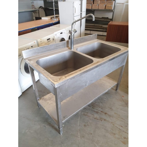 484 - Stainless Steel Double Sink Unit with Mixer Taps & Lower Shelf (140cm x 70cm x 85cm)