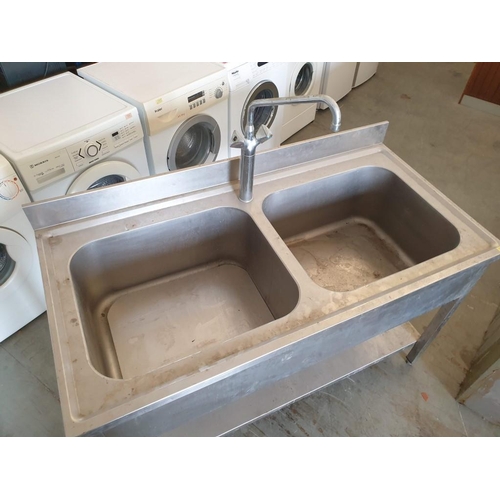 484 - Stainless Steel Double Sink Unit with Mixer Taps & Lower Shelf (140cm x 70cm x 85cm)