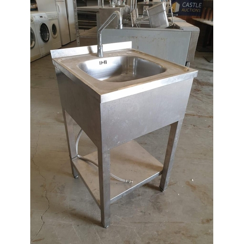 486 - Stainless Steel Hand Wash Basin on Stand with Lower Shelf and Mixer Tap (50cm x 50cm x 85cm)