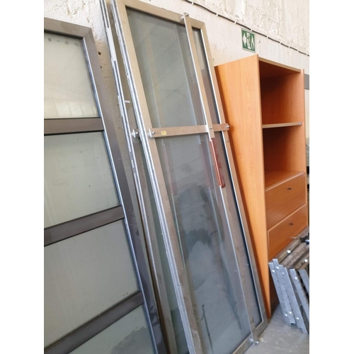 587 - Pair of Heavy Silver Colour Aluminium Double Glazed Doors with Metal Bar and Wood Push / Pull Handle... 