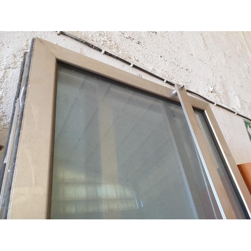 587 - Pair of Heavy Silver Colour Aluminium Double Glazed Doors with Metal Bar and Wood Push / Pull Handle... 