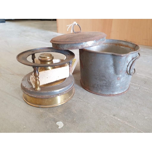 605 - Antique Mini - Stove / Burner in Carry Tin, Antique Lamp and Small Shovel (3)