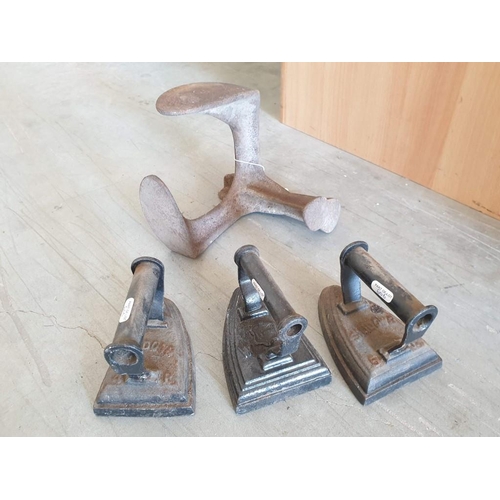 606 - Antique Cast Iron Cobblers Shoe Last (or Door Stop) Together with 3 x Cast Iron Flat Irons (4)