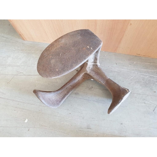 606 - Antique Cast Iron Cobblers Shoe Last (or Door Stop) Together with 3 x Cast Iron Flat Irons (4)