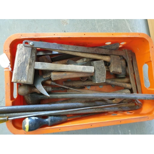 613 - Box of Tools incl; Hammers, Tyre Levels, Crow Bar, Large Socket Ratchet, Axe etc