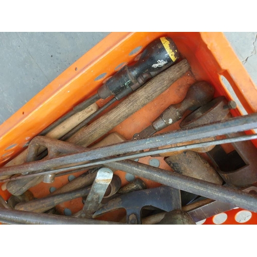 613 - Box of Tools incl; Hammers, Tyre Levels, Crow Bar, Large Socket Ratchet, Axe etc