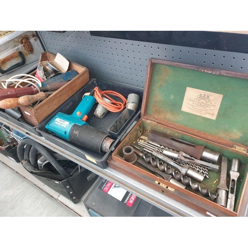 624 - Assorted Tools inc Hot Air Gun (Un-Tested) Box of Wood Drills Soldering Iron & Hole Punches etc