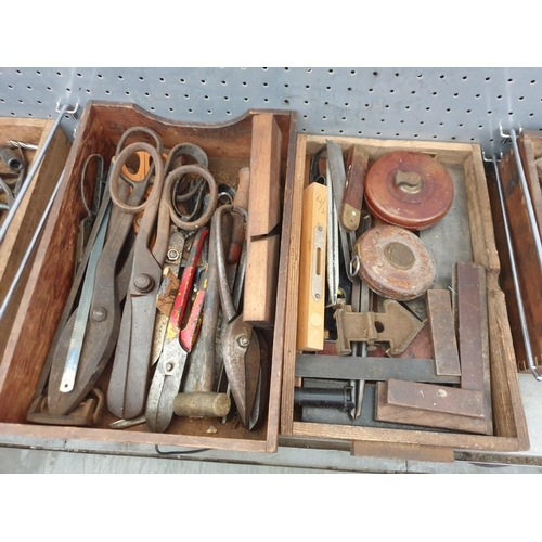 627 - Box of Tools; Tin Scissors / Shears Copper Hammer, Tapes, Set Squares etc