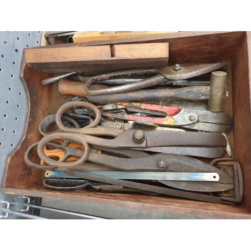 627 - Box of Tools; Tin Scissors / Shears Copper Hammer, Tapes, Set Squares etc