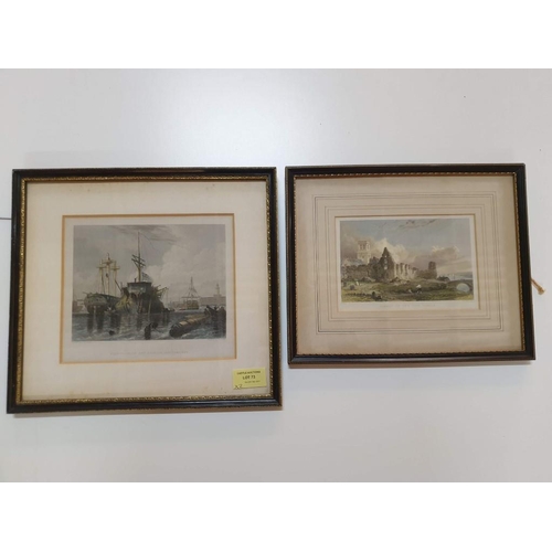 73 - 2 x Framed Engraving; Jarrow on the Tyne, Durham and Rigging Hulk and Frigate, Portmouth (2)