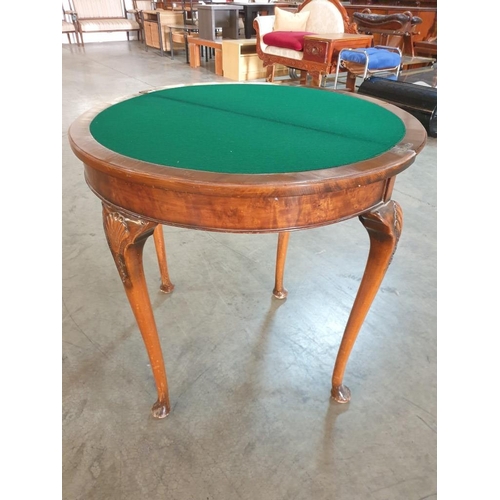 75 - Vintage Dark Wood Demi Lune Hall Table / Folding Round Felt Top Card Table with Pie CRust Carvings a... 