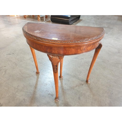 75 - Vintage Dark Wood Demi Lune Hall Table / Folding Round Felt Top Card Table with Pie CRust Carvings a... 