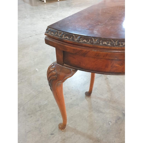 75 - Vintage Dark Wood Demi Lune Hall Table / Folding Round Felt Top Card Table with Pie CRust Carvings a... 