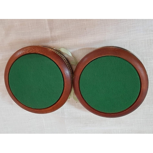 797 - Vintage Pair of Round Wood / Decorative White Metal Bottle Stands with Felt Base (2)