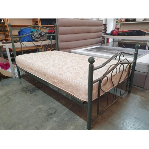 810 - Single Bed with Green Metal Frame and Mattress (Approx 190cm x 105cm)