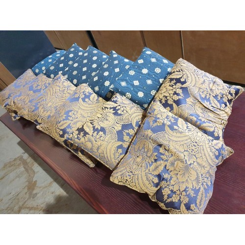 814 - 14 x Scatter Cushions (7 x Blue with Crosses and 7 x Blue & Gold Patterned)