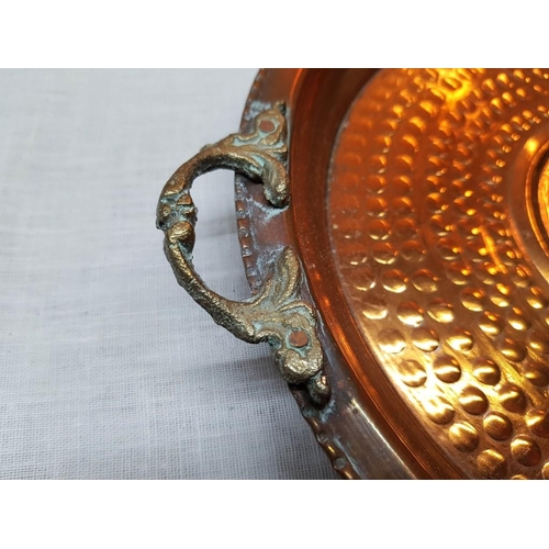 841 - Vintage Style Traditional Mediterranean Copper Dish (Ø23cm) and Tray with Decorative Brass Handles (... 