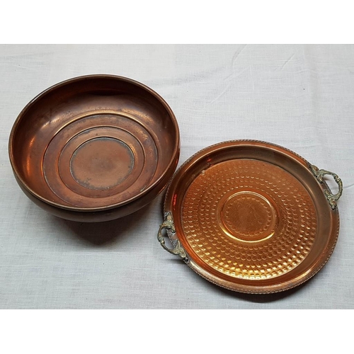 841 - Vintage Style Traditional Mediterranean Copper Dish (Ø23cm) and Tray with Decorative Brass Handles (... 