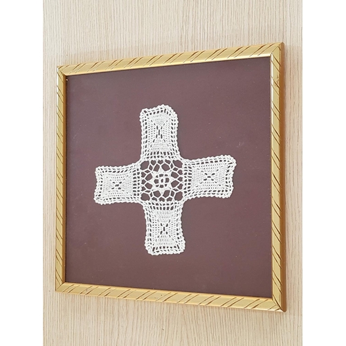 845 - Lefkara Style Cotton Lace Hand Made Cross in Frame (Cross 18cm x 18cm, Frame 29.5cm x 29.5cm)