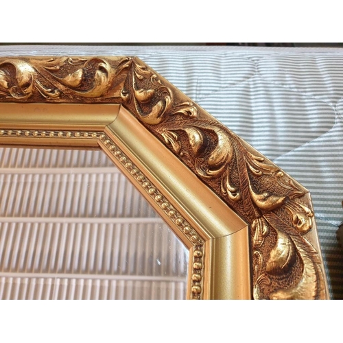 128 - Pair of Octagonal Wall Mirrors with Decorative Carved Wood Gold Finish Frame (48cm x 70cm Overall)