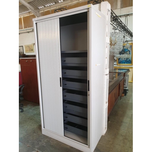 81 - Light Grey Metal Office Tool Storage or Filling Cabinet with Roller Shutter Doors and 7 - Internal M... 