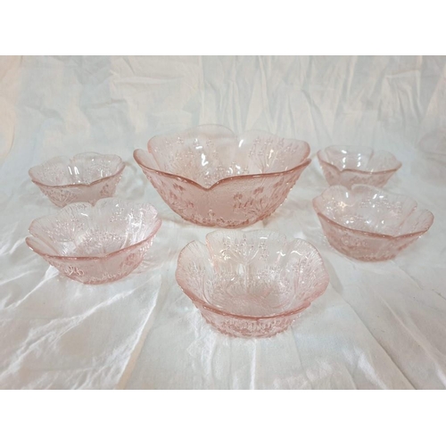 101 - Decorative Pink Glass Set; Cabbage Leaf / Vintage Style with Ø23cm Serving Bowl and 5 x Ø13cm Desser... 