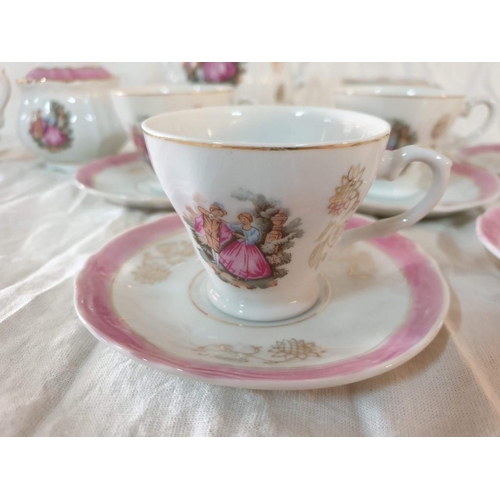 104 - Decorative Tea Set with Victorian Couple, Pink Band of Colour and Gold Trim (Made in Japan) Tea Pot,... 