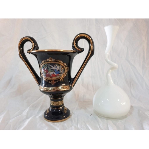 110 - Twin Handled Greek Vase, Black Colour Decoration with Green Scene and 24ct Gold (H:20cm) Together wi... 