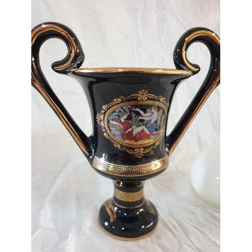 110 - Twin Handled Greek Vase, Black Colour Decoration with Green Scene and 24ct Gold (H:20cm) Together wi... 